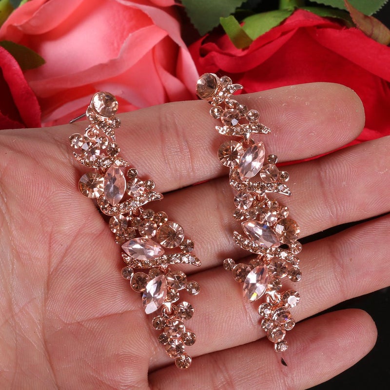 NLCAC Crystal Rose Gold Chandelier Earring Leaf Pendant Peach Earrings Dangle for Women - Image 3